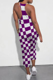 Blue Casual Daily Plaid Print Pocket Contrast V Neck Loose Jumpsuits