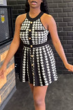 Black Sexy Plaid Buttons Patchwork Ruched O Neck A Line Dresses