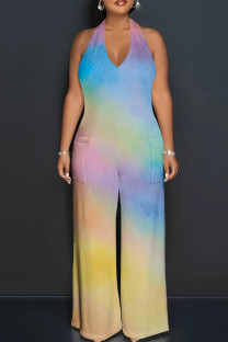 Blue Yellow Street Tie Dye Patchwork Backless Strap Design Halter Loose Jumpsuits