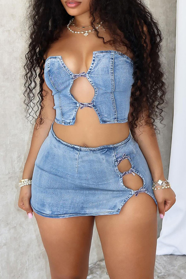 Blue Sexy Solid Color Hollow Out Patchwork Slit Strapless Sleeveless Two Pieces