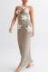 Khaki Sexy Flowers Hollow Out Patchwork Backless Strap Design Halter Long Dresses