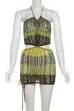 Green Sexy Hollow Out Patchwork Backless Halter Wrapped Skirt Dresses