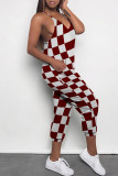 Blue Casual Daily Plaid Print Pocket Contrast V Neck Loose Jumpsuits