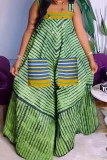 Green Street Stripe Pocket Patchwork Backless Square Neck Loose Jumpsuits