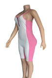 Pink Sexy Patchwork Backless Zipper Contrast Spaghetti Strap Skinny Rompers