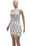 White Sexy Solid Color Patchwork See-Through Feathers Hot Drill Zipper O Neck Wrapped Skirt Dresses