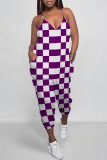 Blue Casual Daily Plaid Print Pocket Contrast V Neck Loose Jumpsuits