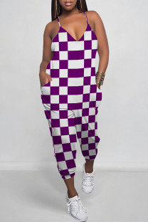 Purple Casual Daily Plaid Print Pocket Contrast V Neck Loose Jumpsuits