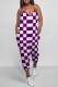 Purple Casual Daily Plaid Print Pocket Contrast V Neck Loose Jumpsuits