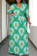 Green Elegant Geometric Print Lace Up Contrast V Neck Printed Plus Size Dresses