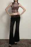 Purple Sexy Print Lace Patchwork Backless O Neck Tops