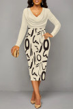 Blue Elegant Colorblock Print Contrast V Neck Printed Dresses