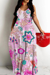 Pink Sexy Casual Floral Print Backless Spaghetti Strap Long Dresses