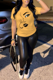 Yellow Casual Street Eyes Print O Neck T-Shirts