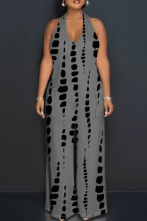 Grey Casual Tie Dye Patchwork Backless Halter Loose Jumpsuits