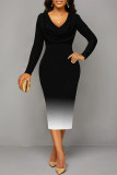 Green Elegant Gradient Print Contrast V Neck Printed Dresses