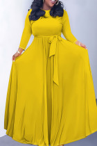 Yellow Casual Solid Color Belted O Neck Long Dresses