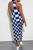 Blue Casual Daily Plaid Print Pocket Contrast V Neck Loose Jumpsuits
