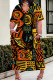 Yellow Casual Geometric Print Pocket Contrast V Neck Printed Plus Size Dresses