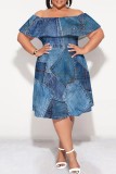 Light Color Casual Print Patchwork Off Shoulder Short Sleeve Plus Size Dresses