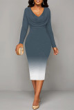 Green Elegant Gradient Print Contrast V Neck Printed Dresses