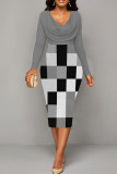 Light Gray Sexy Plaid Patchwork Ruched V Neck Wrapped Skirt Dresses