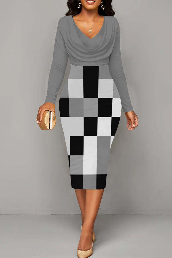 Dark Gray Sexy Plaid Patchwork Ruched V Neck Wrapped Skirt Dresses