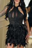 White Sexy Solid Color Patchwork See-Through Feathers Hot Drill Zipper O Neck Wrapped Skirt Dresses