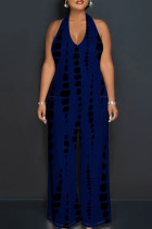 Tibetan Blue Casual Tie Dye Patchwork Backless Halter Loose Jumpsuits