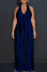 Tibetan Blue Casual Tie Dye Patchwork Backless Halter Loose Jumpsuits