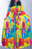 The cowboy blue Casual Print Belted O Neck Long Dresses