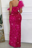 Rose Red Sexy Solid Color Sequins Patchwork Feathers High Slit Oblique Collar Long Dresses