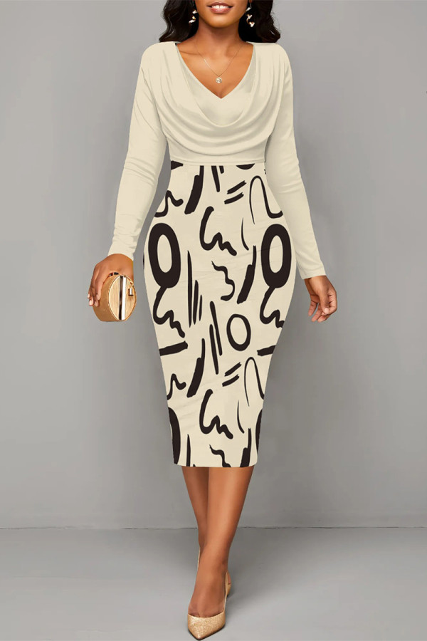 Cream White Elegant Colorblock Print Contrast V Neck Printed Dresses