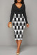 Black Elegant Colorblock Print Contrast V Neck Printed Dresses