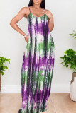 Turquoise Casual Tie Dye Patchwork Backless Spaghetti Strap Sling Dresses