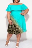 Light Color Casual Print Patchwork Off Shoulder Short Sleeve Plus Size Dresses