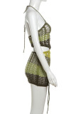 Green Sexy Hollow Out Patchwork Backless Halter Wrapped Skirt Dresses