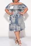 Light Color Casual Print Patchwork Off Shoulder Short Sleeve Plus Size Dresses
