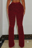 Red Casual Stripe Patchwork Contrast Boot Cut Mid Waist Speaker Full Print Bottoms
