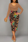 Blue Elegant Colorblock Print Contrast V Neck Printed Dresses