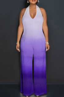 Purple Street Tie Dye Patchwork Backless Strap Design Halter Loose Jumpsuits