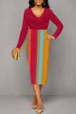 Blue Elegant Colorblock Print Contrast V Neck Printed Dresses