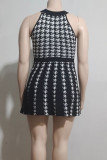 Black Sexy Plaid Buttons Patchwork Ruched O Neck A Line Dresses