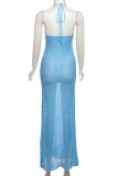 Blue Sexy Flowers Hollow Out Patchwork Backless Strap Design Halter Long Dresses