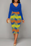 Blue Elegant Colorblock Print Contrast V Neck Printed Dresses