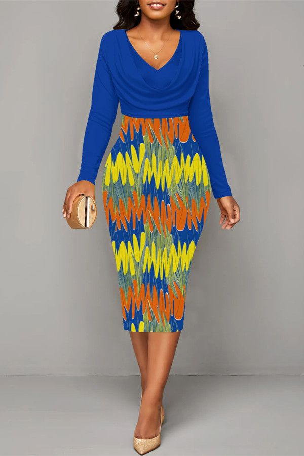 Blue Elegant Colorblock Print Contrast V Neck Printed Dresses