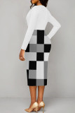 Light Gray Sexy Plaid Patchwork Ruched V Neck Wrapped Skirt Dresses