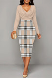 Blue Elegant Colorblock Print Contrast V Neck Printed Dresses