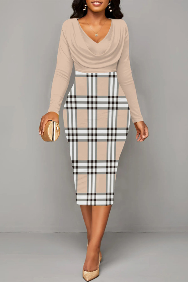 Apricot Elegant Colorblock Print Contrast V Neck Printed Dresses