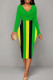 Green Sexy Stripe Patchwork Ruched Contrast V Neck Wrapped Skirt Dresses
